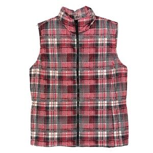 TALBOTS Red Plaid Puffer Vest Size Medium 8-10 Black White New